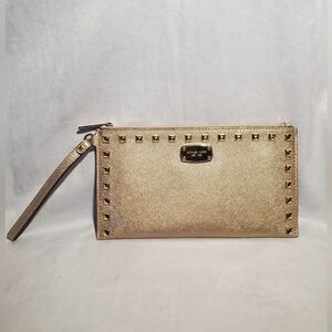 Michael Kors Large Wristlet Saffiano Stud Gold Leather Gold Zip